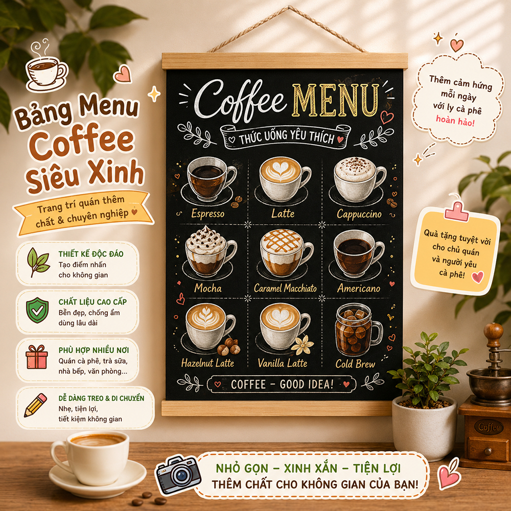 Bảng đen viết bút dạ quang treo tường decor, bảng đen treo tường menu nhà hàng, cafe