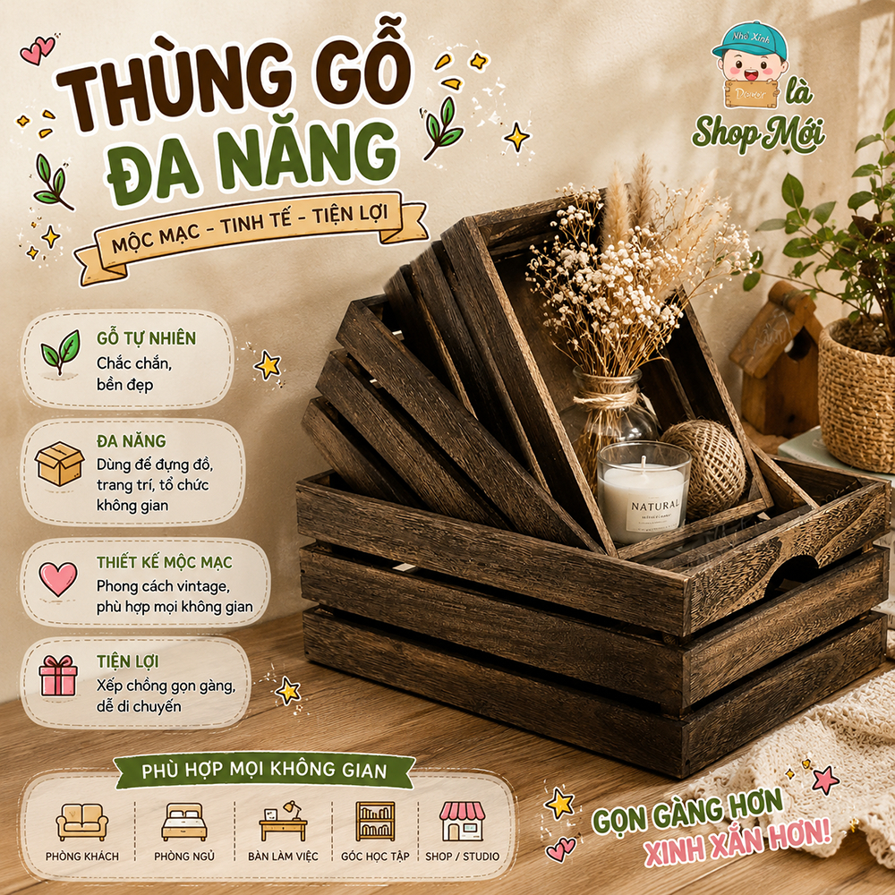Pallet hộp gỗ màu nâu óc chó dùng trang trí decor sự kiện, homestay, quán cafe