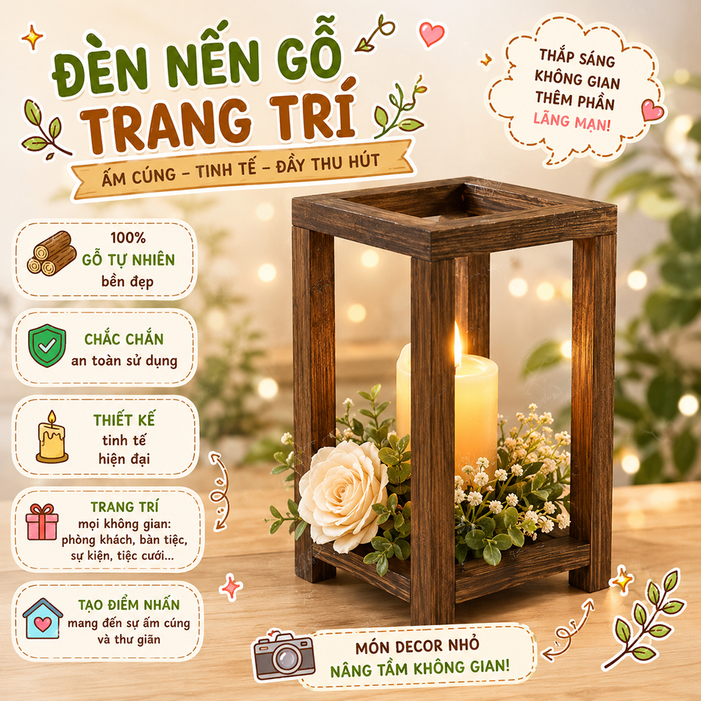 Khung gỗ để nến để đèn quán cafe, nhà hàng, Homestay