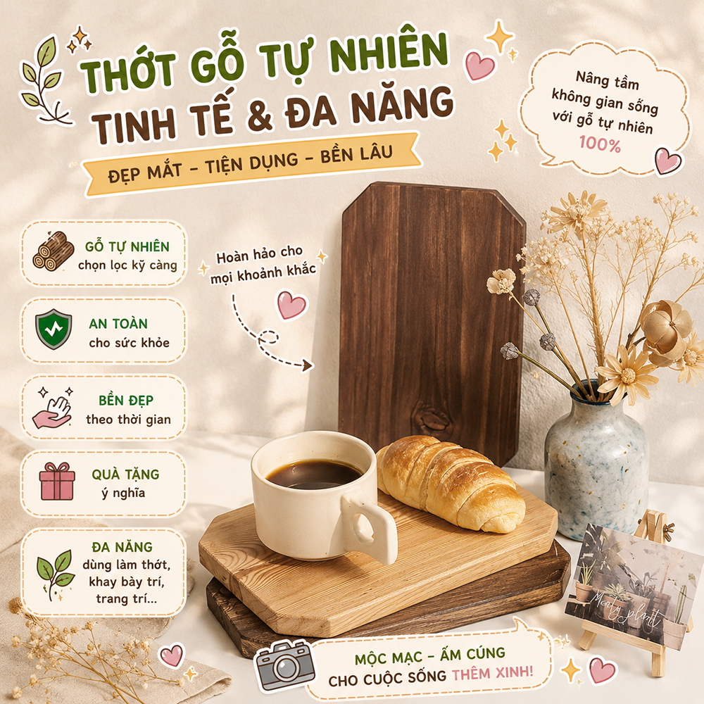 Thớt gỗ decor, dùng cho trang trí chụp ảnh đồ ăn thức uống (hạn chế dung trong thái chặt), kệ ly cafe