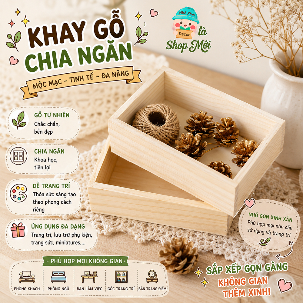 Khay gỗ chữ nhật để đồ, phụ kiện, khay đa năng