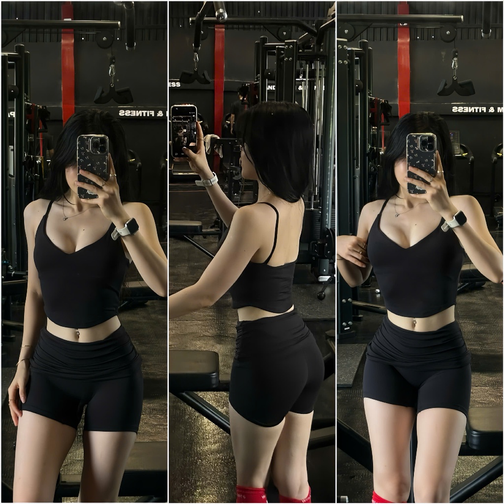 SET ĐÙI NGẮN ÁO HAI DÂY V NGỰC S10 Chất LULU Co Dãn Tập Gym-Yoga-Aerobic-Chạy bộ-Đạp xe GYMMY ( cả áo và quần)
