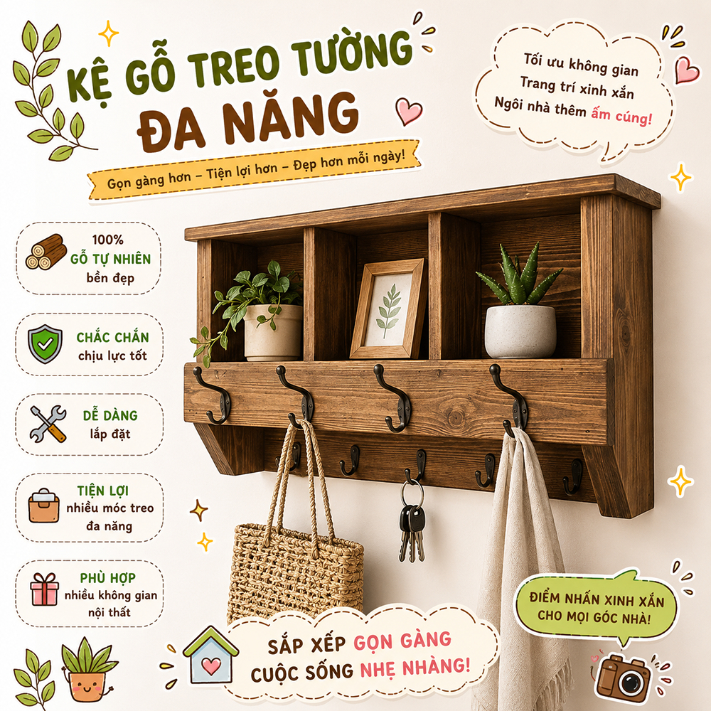 Kệ treo tường màu nâu óc chó kèm móc treo phụ kiện, quần áo, mũ nón decor trang trí đa năng