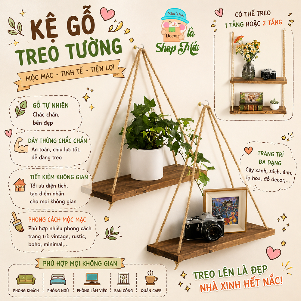 Kệ treo dây thừng decor trang trí nhà cửa, homestay, quán cafe nhiều màu và kích thước