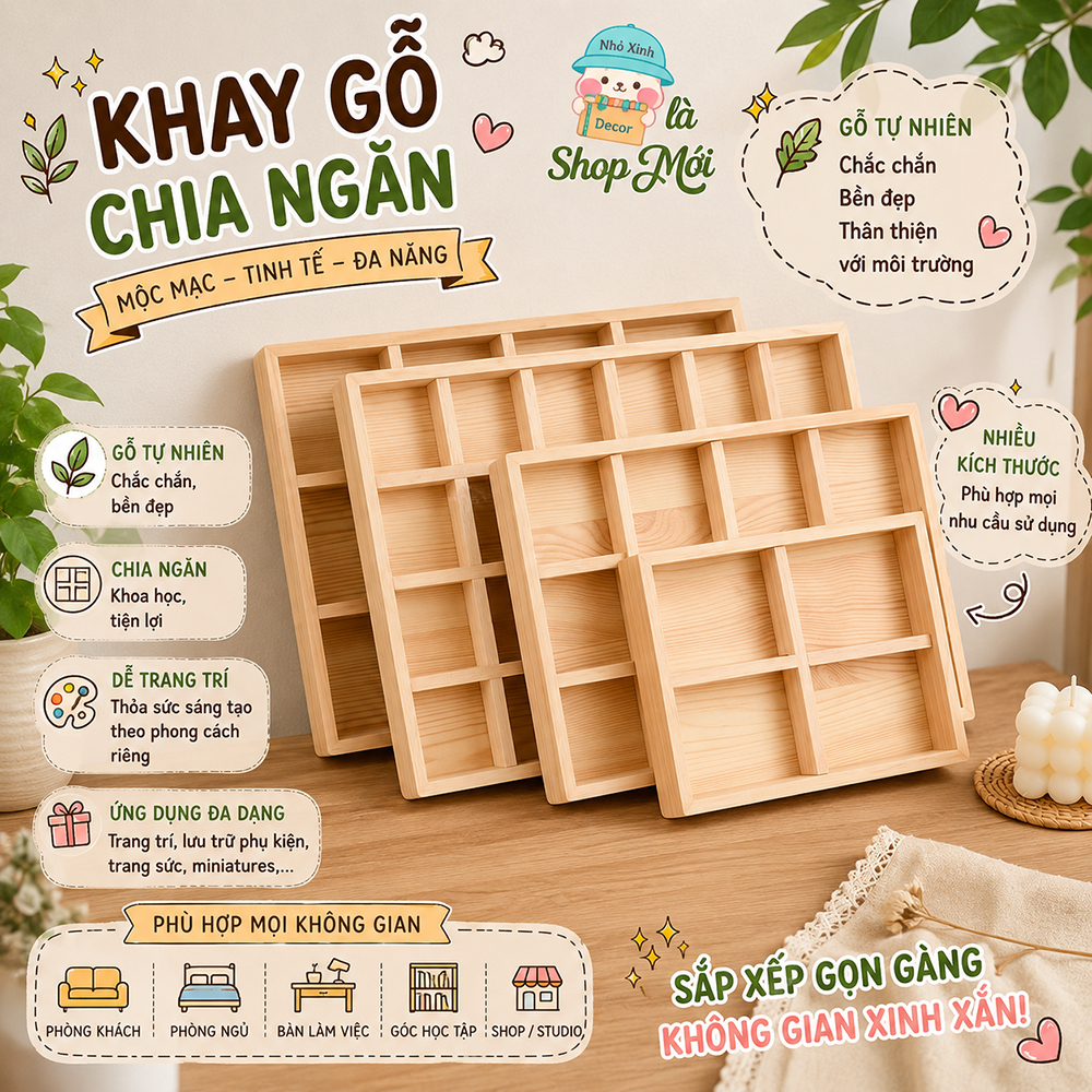 Khay gỗ chia nhiều ngăn đựng phụ kiện đa năng, khay đựng đồ handmade