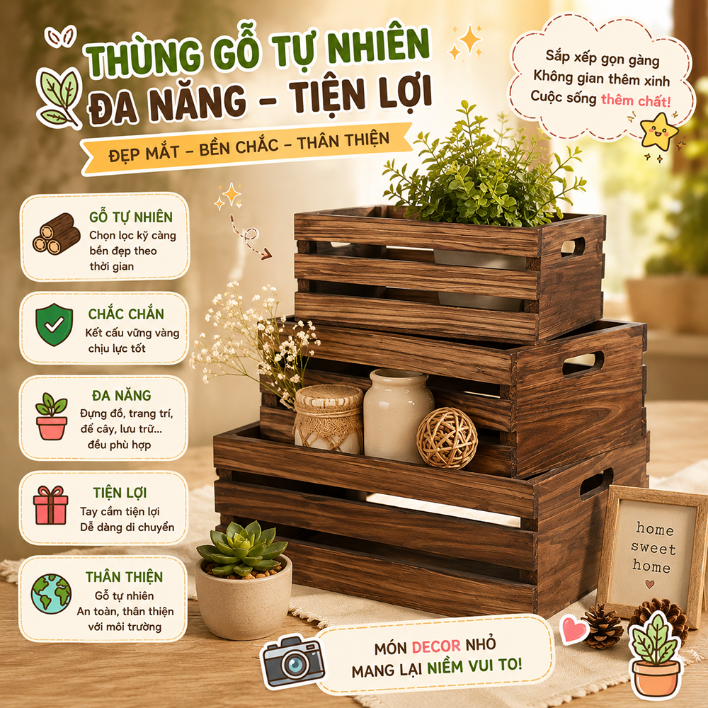 THÙNG GỖ PALLET gỗ màu óc chó đa năng tiện dụng, nhiều kích thước