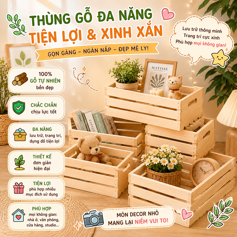 Pallet hộp gỗ, thùng gỗ decor trang trí, để đồ hàng hóa, để đồ đa năng