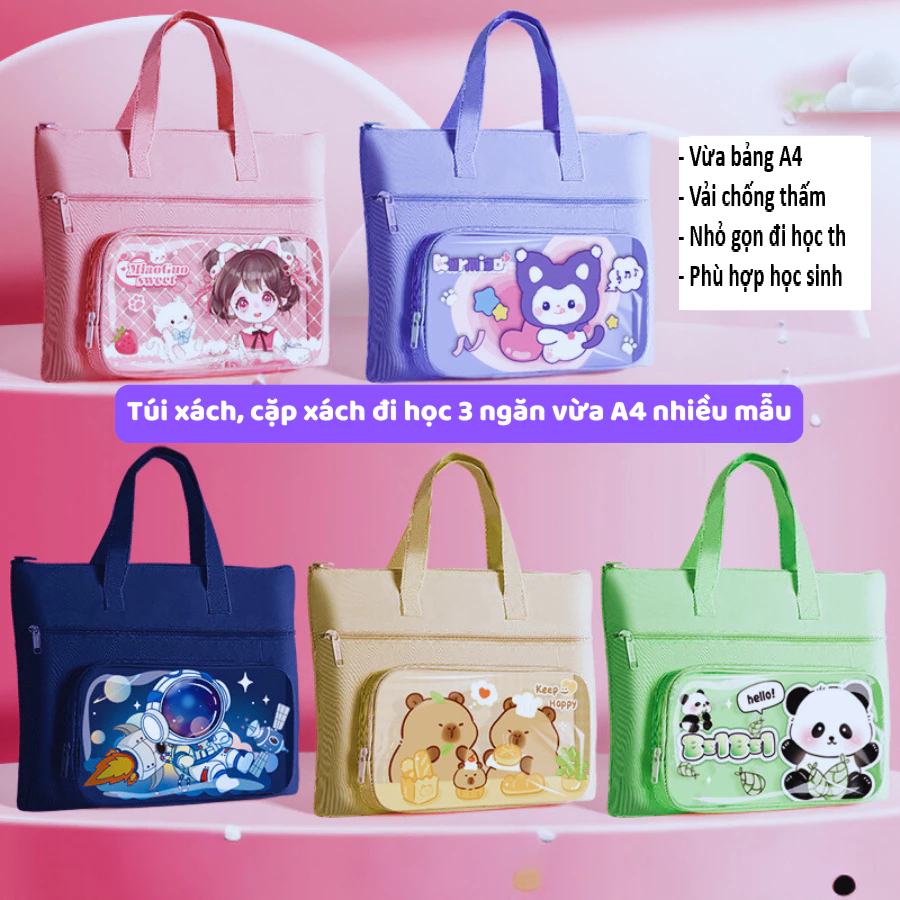 [Vừa khổ A4] Túi Xách Học Thêm Cho Học sinh Vải 3 Ngắn Chống Thấm Nước Hình Cute 2090