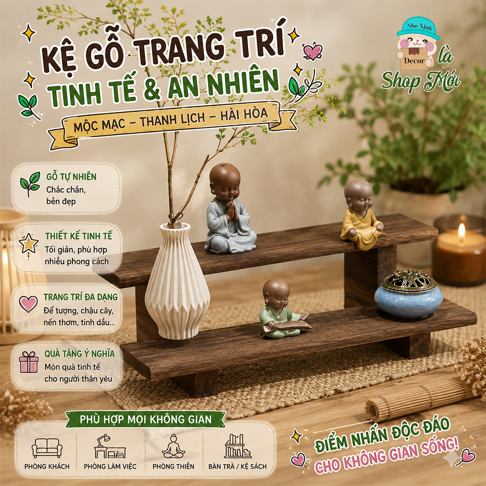 Kệ bàn trà, kệ trà decor trang trí phong cách trà đạo bằng gỗ, kệ 2 tầng