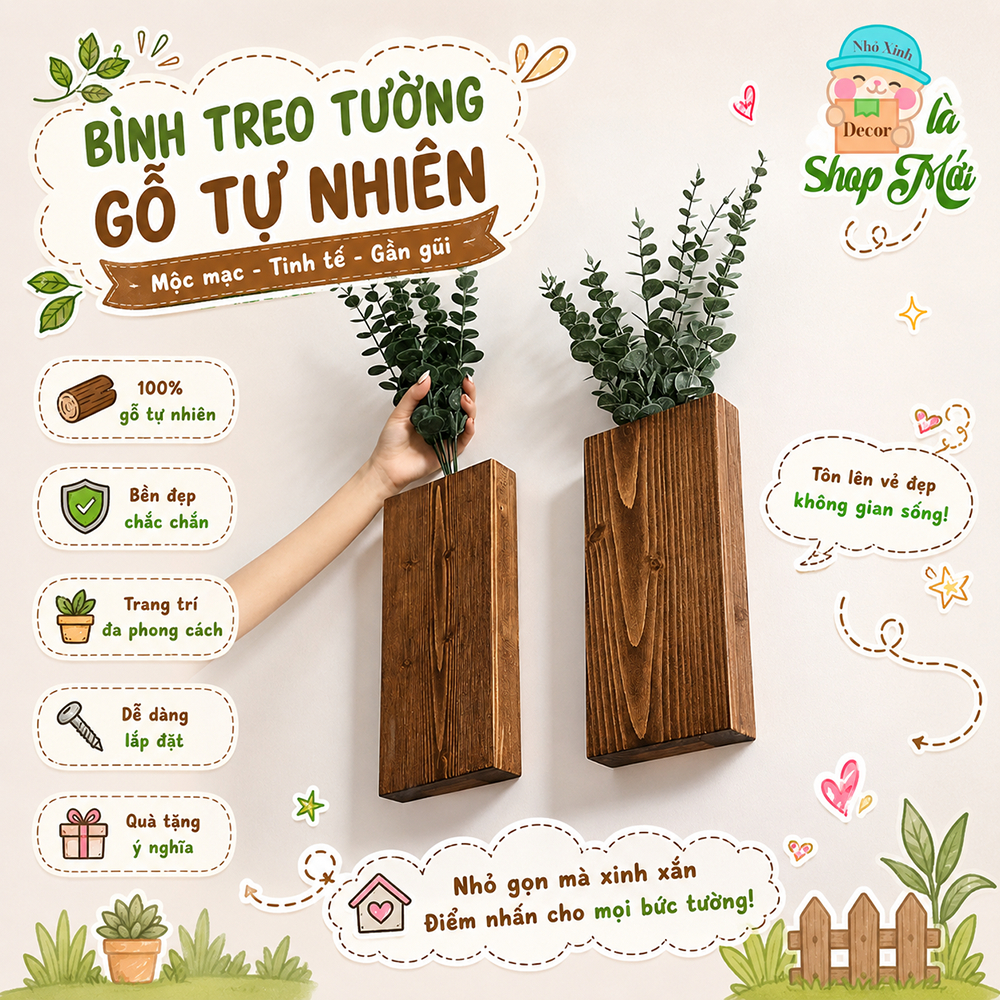 Kệ lọ hoa treo tường bằng gỗ dùng decor nhà cửa, homestay, cafe
