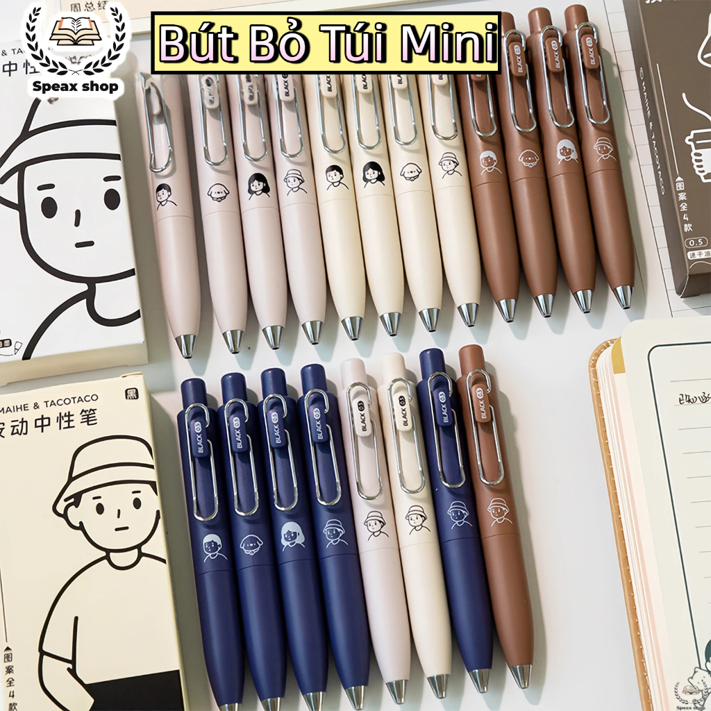 Bút Gel Mini TacoTaco Phong Cách Hàn Quốc – Bút Bi Bấm Bỏ Túi Thân Mập, Mực Đen Ngòi 0.5mm Viết Êm