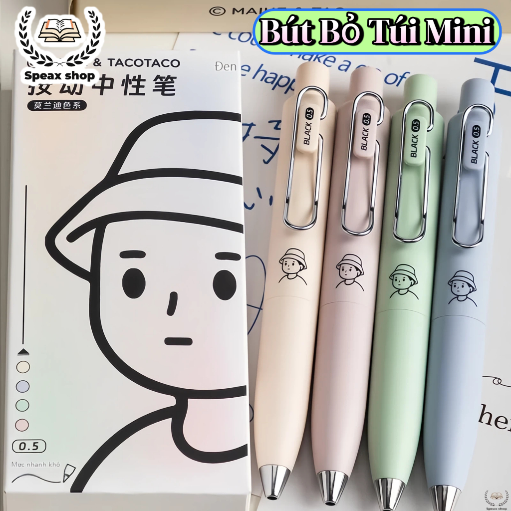 Bút Gel Mini TacoTaco Phong Cách Hàn Quốc – Bút Bi Bấm Bỏ Túi Thân Mập, Mực Đen Ngòi 0.5mm Viết Êm