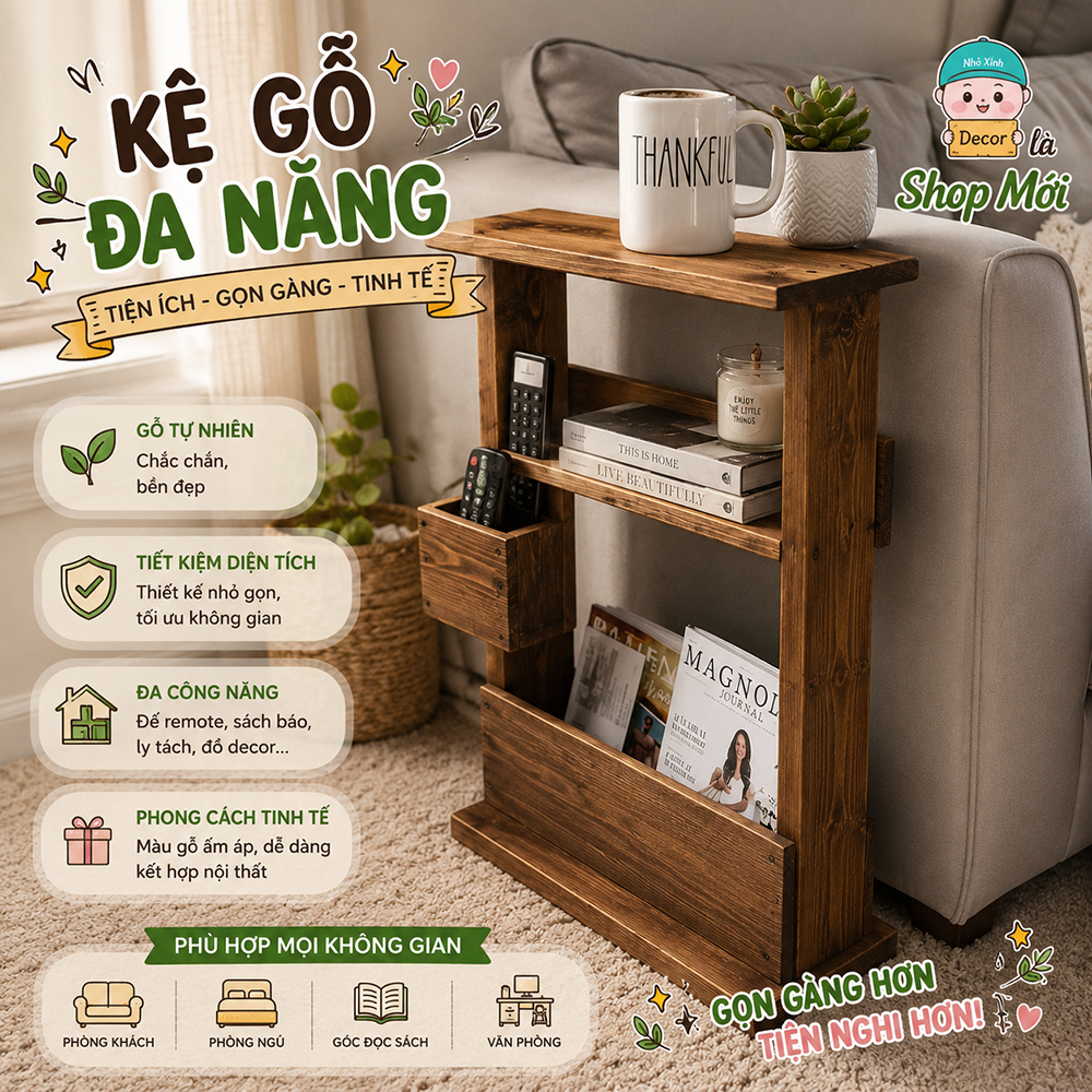 Bàn sofa, kệ ghế sofa đa năng, kệ để sách báo tạp chí, để điều khiển, điện thoại, để ly uống nước