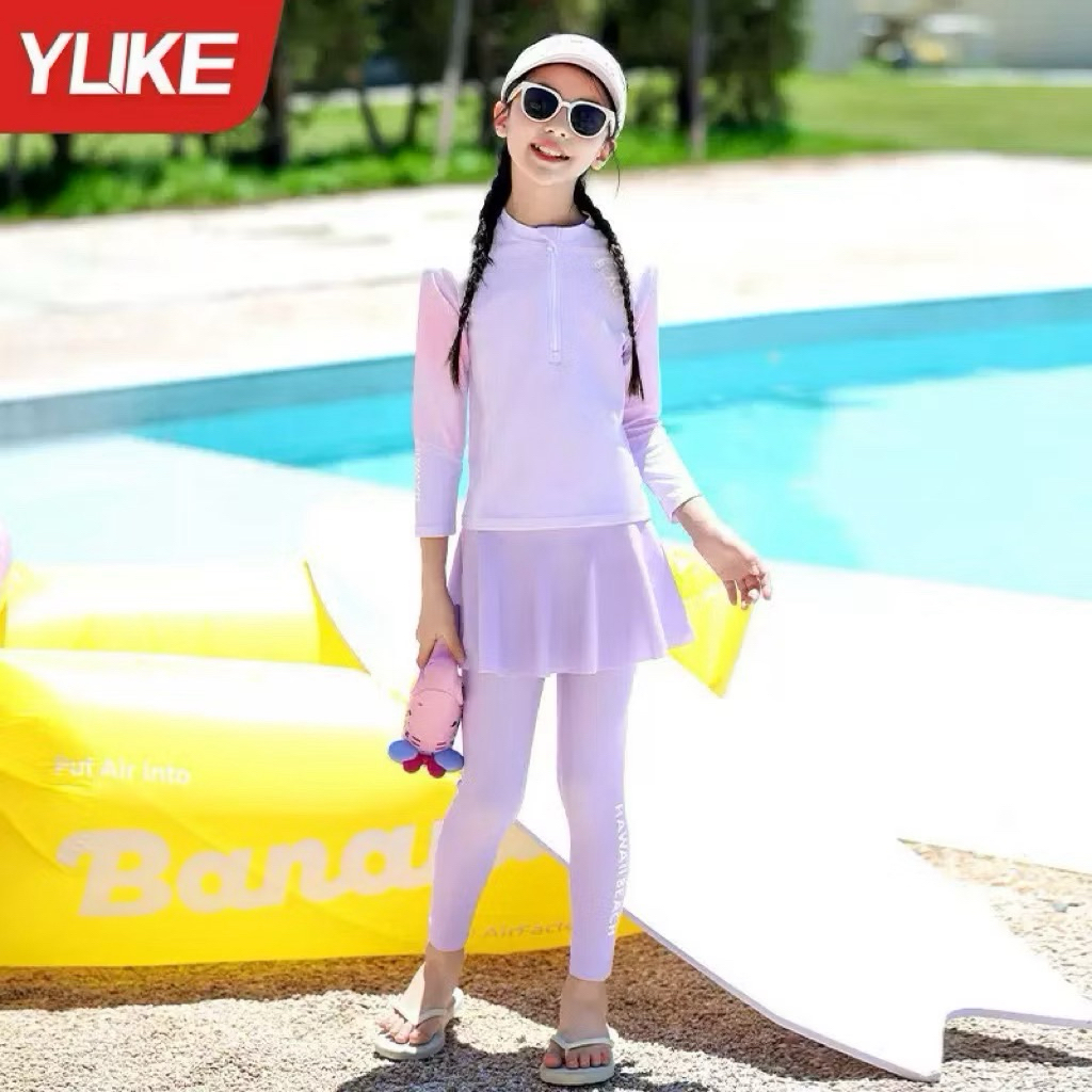 Đồ bơi cho bé gái giữ nhiệt chống nắng size 10-50kg, đồ bơi bé gái chất thun bơi dầy dặn 2 món áo+quần váy