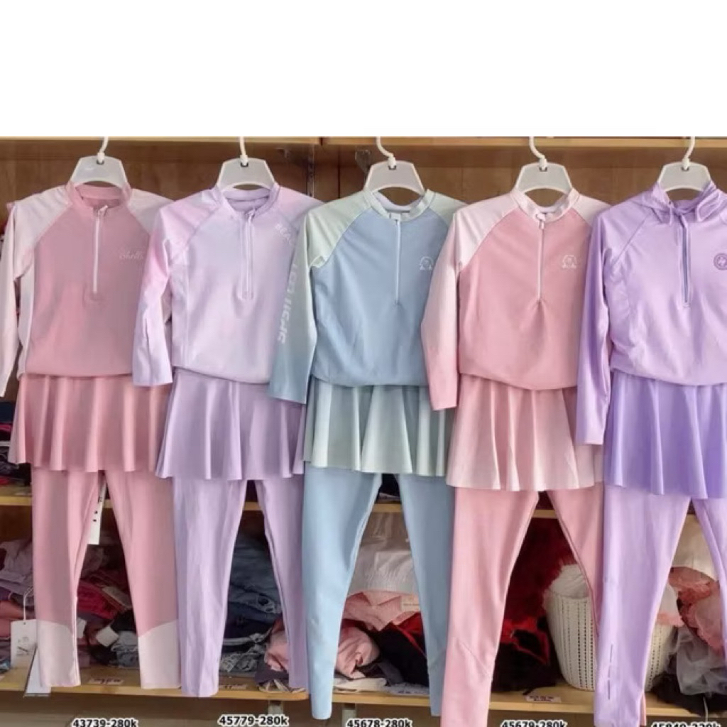 Đồ bơi cho bé gái giữ nhiệt chống nắng size 10-50kg, đồ bơi bé gái chất thun bơi dầy dặn 2 món áo+quần váy