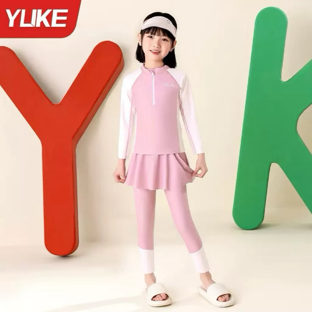 Đồ bơi cho bé gái giữ nhiệt chống nắng size 10-50kg, đồ bơi bé gái chất thun bơi dầy dặn 2 món áo+quần váy