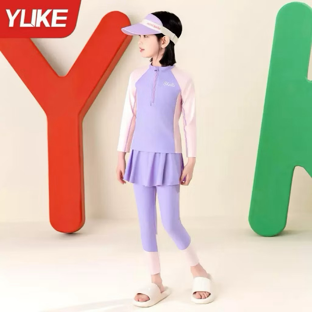 Đồ bơi cho bé gái giữ nhiệt chống nắng size 10-50kg, đồ bơi bé gái chất thun bơi dầy dặn 2 món áo+quần váy