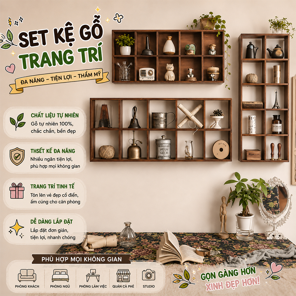 Giá để đồ treo tường bằng gỗ tự nhiên, hộp đựng đồ bằng gỗ để bàn trưng bày mô hình, đồ chơi, kệ ly cốc đa năng