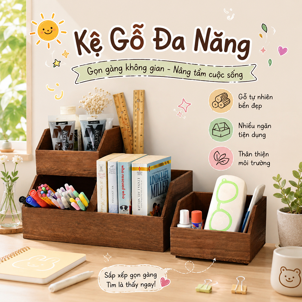 [1 khay đôi lớn + 2 khay nhỏ] Bộ khay gỗ màu nâu óc chó đựng đồ đa năng, phụ kiện, bút thước học sinh, khay để bàn