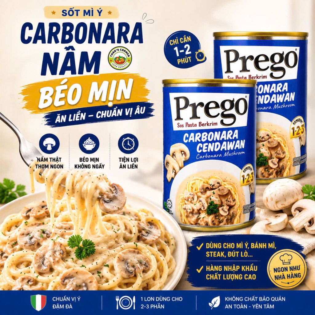 [DATE 2027] SỐT MÌ Ý CARBONARA NẤM PREGO 295G – BÉO MỊN, ĂN LIỀN, CHUẨN VỊ ÂU