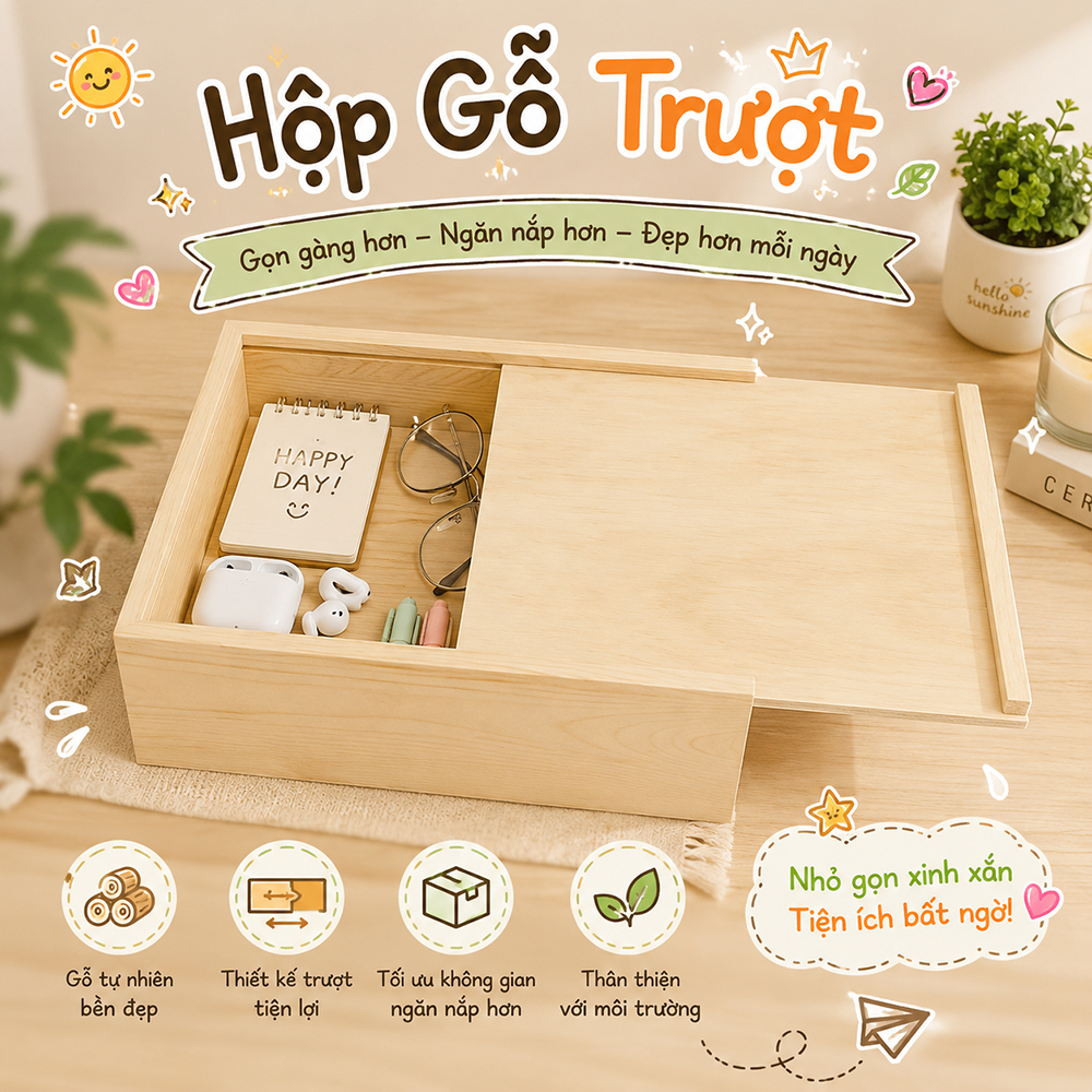 Hộp đựng đồ bằng gỗ, hộp quà tặng, hộp đựng đồ đa năng có nắp trượt gỗ hoặc nắp mica, hộp đựng đồ lưu niệm bằng gỗ