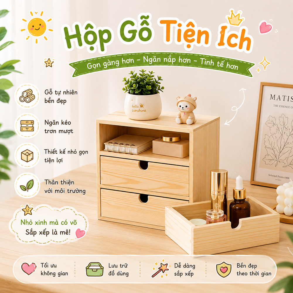 Hộp đựng đồ trang sức, phụ kiện 3 ngăn bằng gỗ để bàn kiểu ngăn kéo, hộp đựng mỹ phẩm và sắp xếp bằng gỗ đa năng
