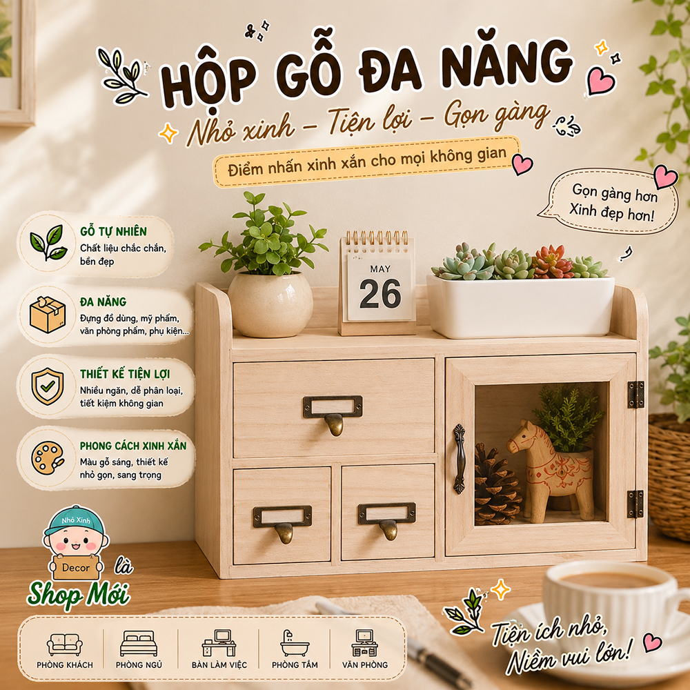 Hộp đựng đồ trang điểm, vật dụng cá nhân bằng gỗ, ngăn kéo nhỏ để sắp xếp mỹ phẩm, đồ trang sức trên bàn trang điểm