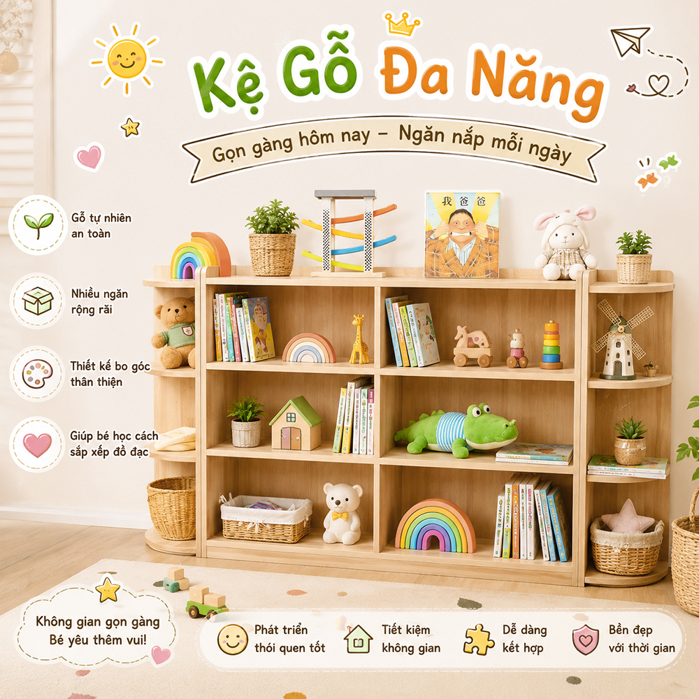 Giá kệ montessori, hộp đựng đồ bằng gỗ để mô hình, đồ chơi, kệ ly cốc đa năng, kệ sách đạo cụ trường mầm non