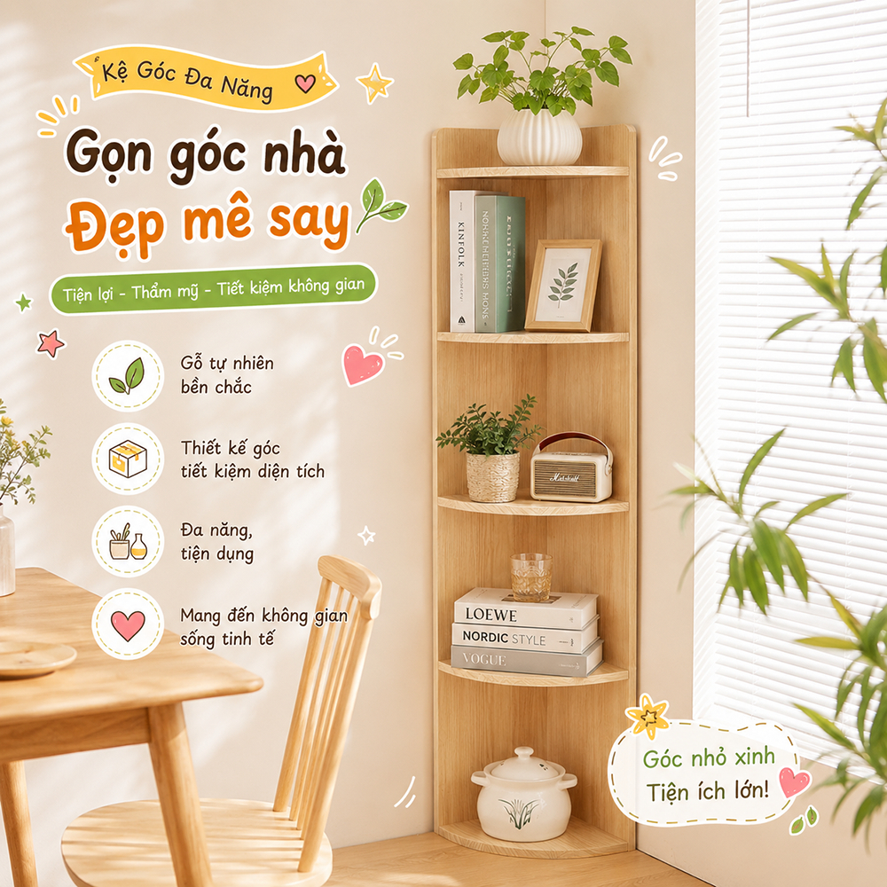 Giá sách gỗ tự nhiên, tủ góc sàn phòng khách tủ lưu trữ góc phòng ngủ hình tam giác tủ góc đa năng