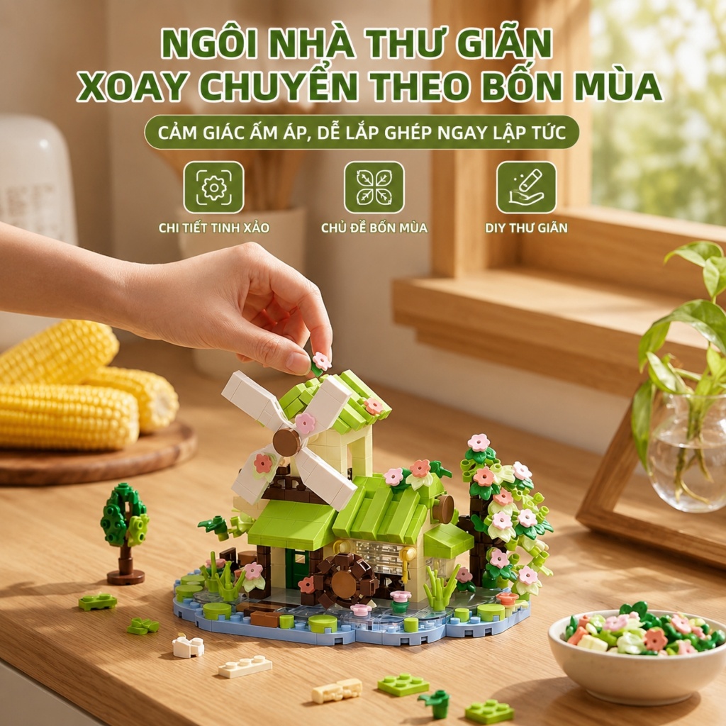 Bộ Lắp Ghép Mô Hình Ngôi Nhà Mini 4 Mùa – Nhà Gỗ, Nhà Cối Xay Gió, Nhà Mùa Đông Trang Trí Để Bàn