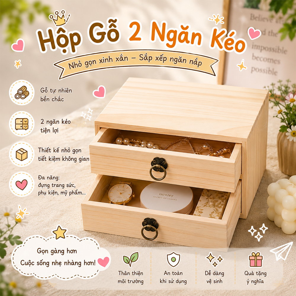 Hộp gỗ có ngăn kéo, dùng để đựng trang sức, phụ kiện hoặc đồ vật nhỏ đa năng
