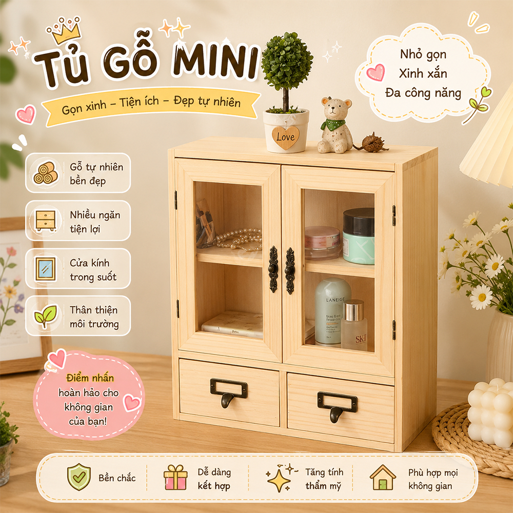 Hộp tủ gỗ có cửa mica trong suốt và ngăn kéo, để sắp xếp mỹ phẩm, phụ kiện nhỏ và đồ trang trí nhà cửa, để bàn