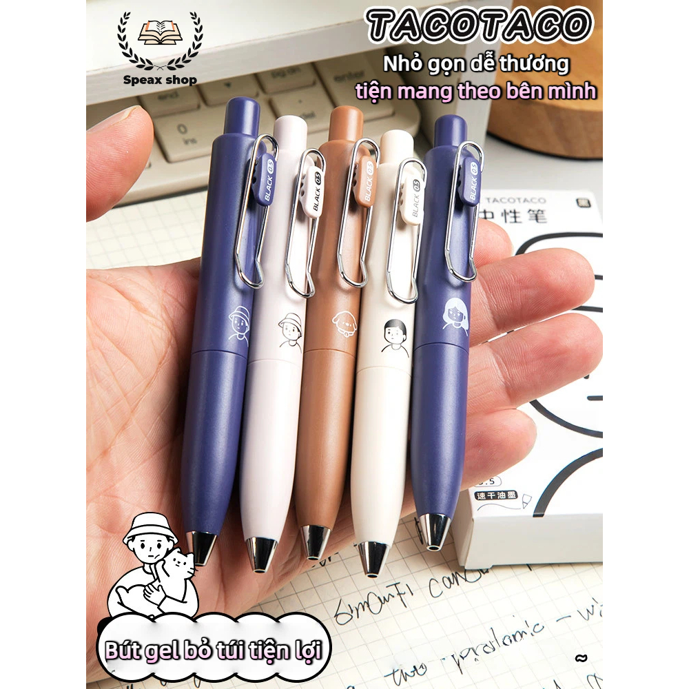 Bút Gel Mini TacoTaco Phong Cách Hàn Quốc – Bút Bi Bấm Bỏ Túi Thân Mập, Mực Đen Ngòi 0.5mm Viết Êm