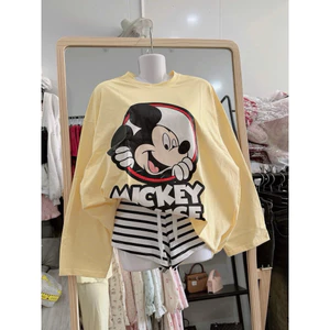 Set bộ áo thun dài tay mickey mouse mix quần đùi kẻ sọc cạp trắng ( quần kẻ trắng )