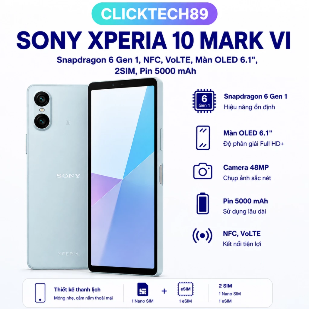 Điện thoại Sony Xperia 10 VI 6GB/128GB NFC, VoLTE | Pin 5000mAh | OLED 6.1" 21:9 | Máy đã qua sử dụn