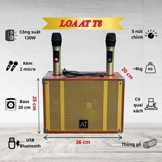 Loa Karaoke Xách Tay Du Lịch AT T8 - Bass 20cm Kèm 2 Micro UHF Chống Hú, Chất Âm Mạnh Mẽ, Rõ RàngBT 5.0, Kết Nối Dễ Dàng