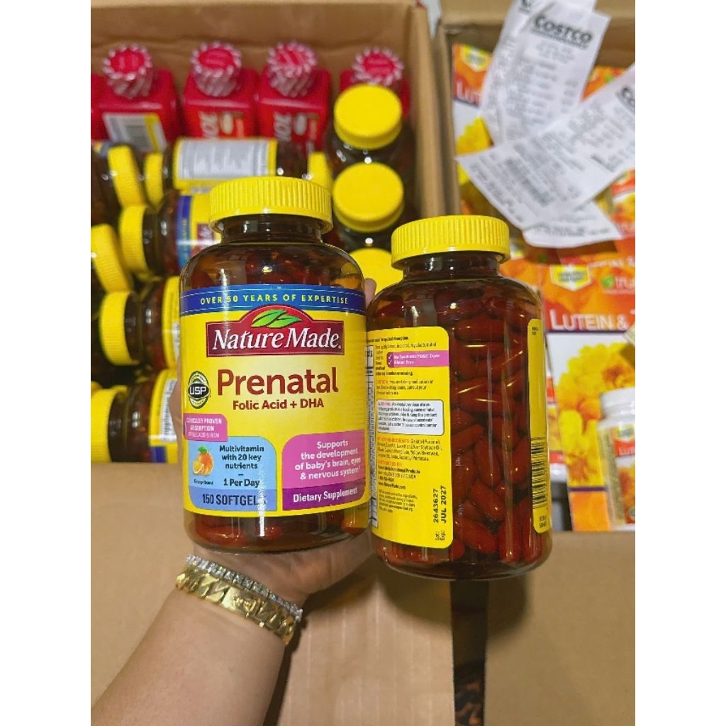 [Mẫu Mới Vị Cam+Date 2027] Vitamin Tổng Hợp+DHA Prenatal Bầu Mỹ Nature Made Prenatal Folic Acid + DHA 150 viên