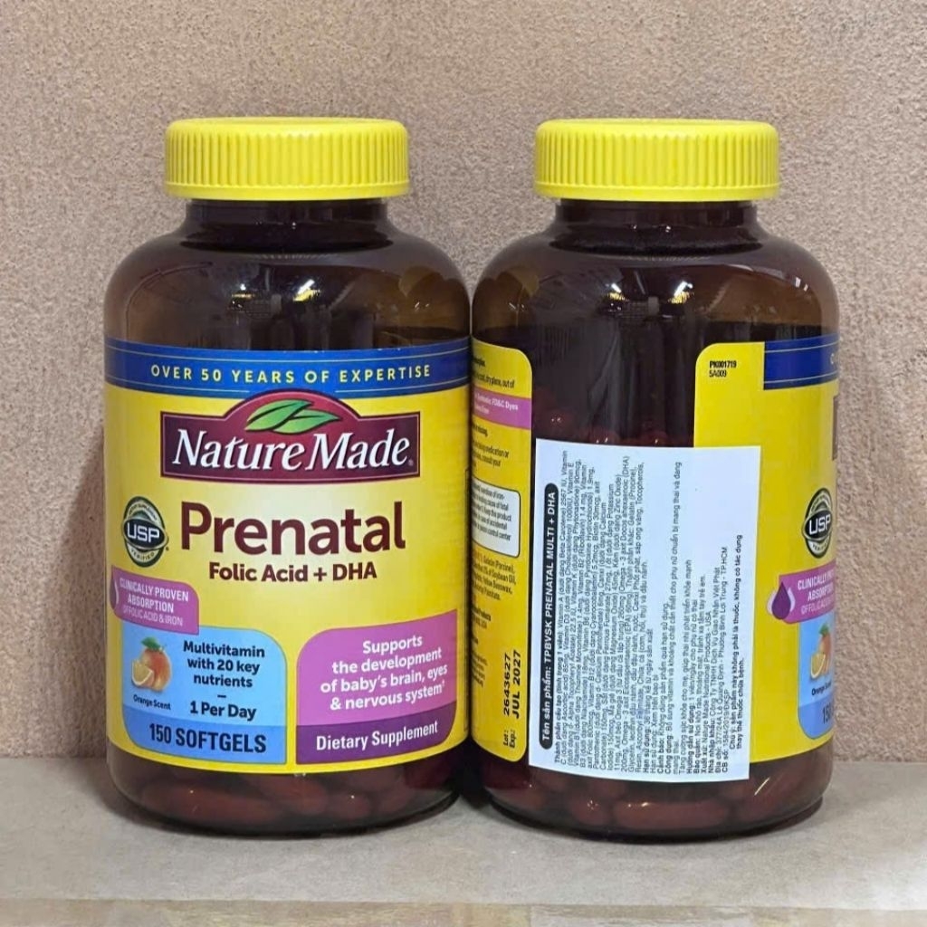 [Mẫu Mới Vị Cam+Date 2027] Vitamin Tổng Hợp+DHA Prenatal Bầu Mỹ Nature Made Prenatal Folic Acid + DHA 150 viên