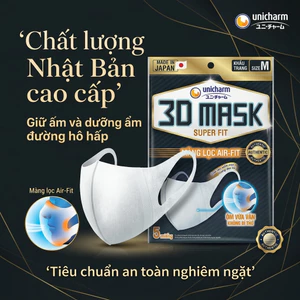 KHẨU TRANG UNICHARM 3D MASK SUPER FIT (M - GÓI 5 MIẾNG) – BẢO VỆ TỐI ƯU, THỞ THOÁNG MỖI NGÀY