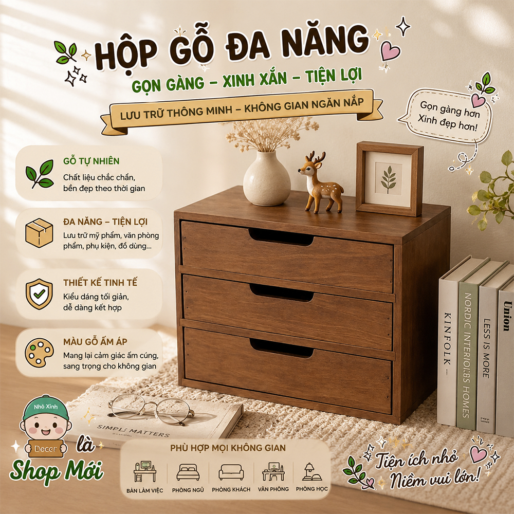 Hộp tủ mini để đồ trang điểm đa năng, hộp tủ màu nâu cổ điển để bàn có ngăn kéo, Hộp tủ để phụ kiện trên bàn làm việc