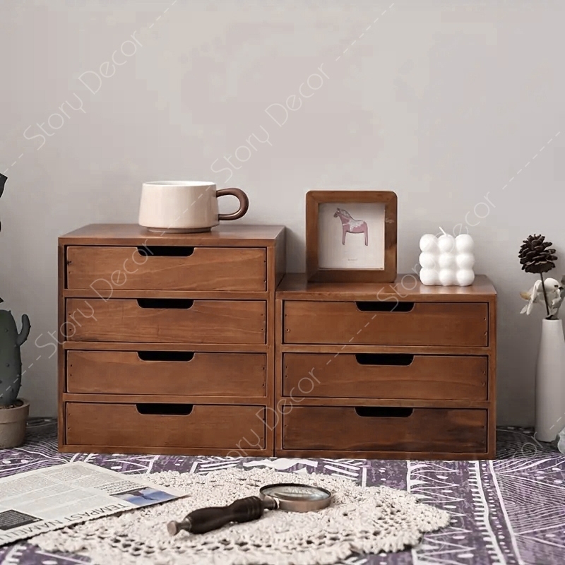 Hộp tủ mini để đồ trang điểm đa năng, hộp tủ màu nâu cổ điển để bàn có ngăn kéo, Hộp tủ để phụ kiện trên bàn làm việc