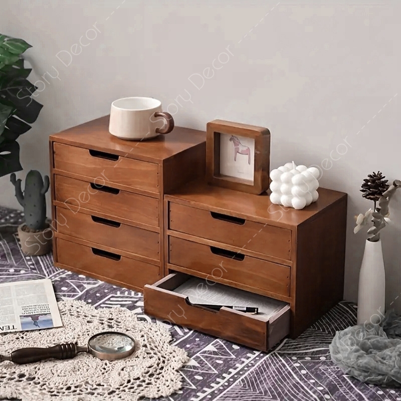 Hộp tủ mini để đồ trang điểm đa năng, hộp tủ màu nâu cổ điển để bàn có ngăn kéo, Hộp tủ để phụ kiện trên bàn làm việc