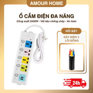 Ổ Cắm Điện Đa Năng Dây Có Chốt An Toàn, Ổ Điện Nhiều Lỗ Công Suất 2500W Chống Giật, Cổng USB