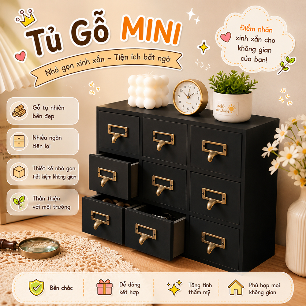 Hộp tủ lưu trữ để bàn loại ngăn kéo bằng gỗ tự nhiên sơn màu đen đựng đồ mỹ phẩm, phụ kiện, dùng trong văn phòng