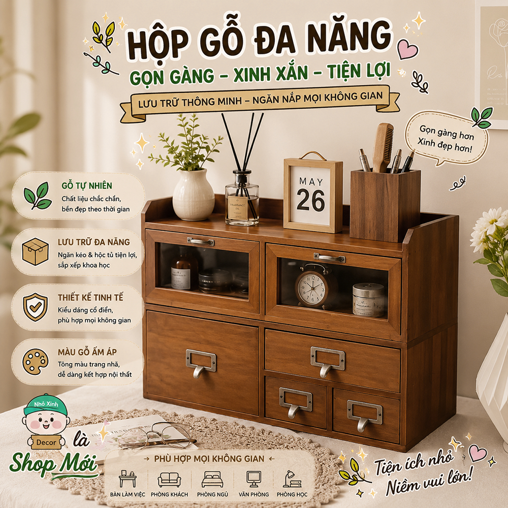 Hộp tủ đựng đồ bằng gỗ tự nhiên sơn màu nâu kiểu dáng cổ điển, ngăn kéo, giá để đồ cho học sinh, mỹ phẩm, phụ kiện