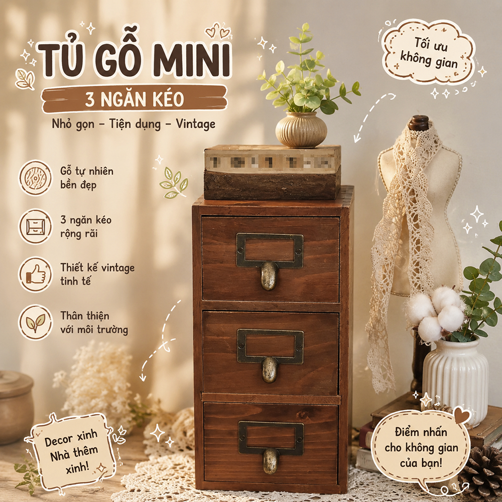 Hộp tủ mini để đồ trang điểm đa năng, hộp tủ màu nâu cổ điển để bàn, Hộp tủ để phụ kiện trên bàn làm việc, học tập
