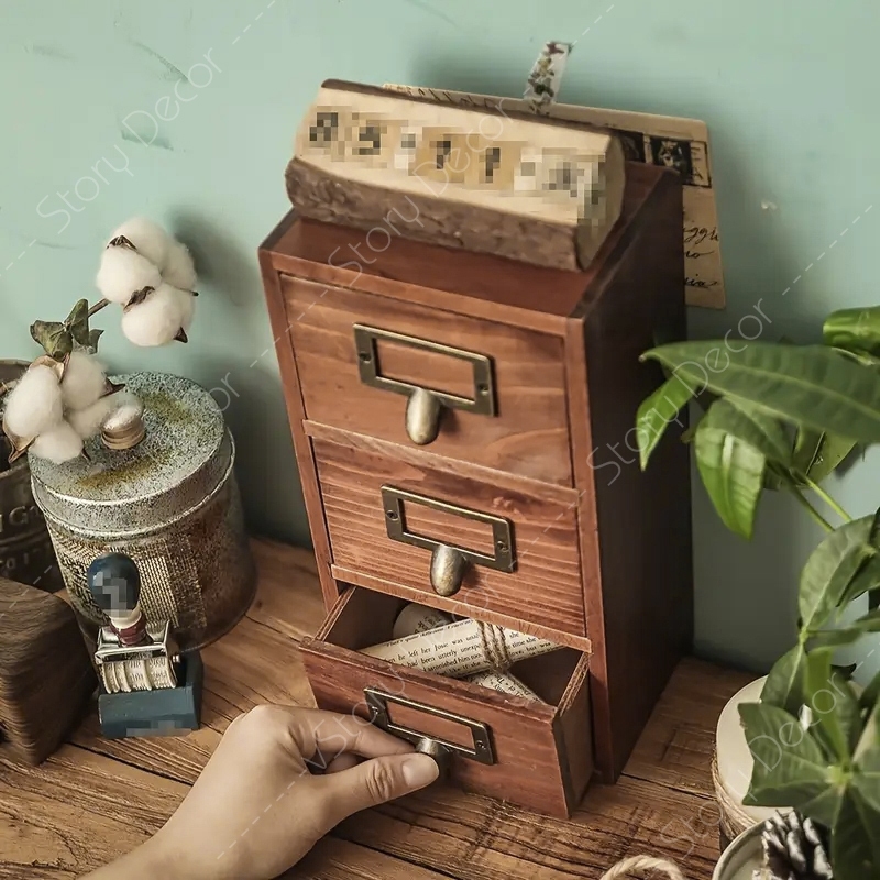 Hộp tủ mini để đồ trang điểm đa năng, hộp tủ màu nâu cổ điển để bàn, Hộp tủ để phụ kiện trên bàn làm việc, học tập