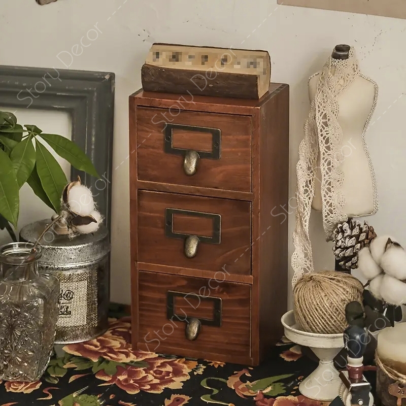 Hộp tủ mini để đồ trang điểm đa năng, hộp tủ màu nâu cổ điển để bàn, Hộp tủ để phụ kiện trên bàn làm việc, học tập