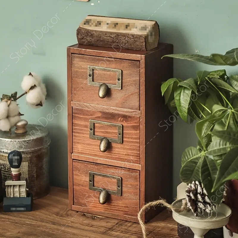 Hộp tủ mini để đồ trang điểm đa năng, hộp tủ màu nâu cổ điển để bàn, Hộp tủ để phụ kiện trên bàn làm việc, học tập