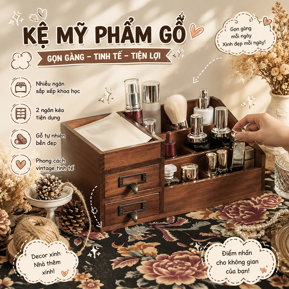 Hộp tủ mini để đồ trang điểm đa năng, hộp tủ màu nâu để bàn, Hộp tủ để phụ kiện tren bàn làm việc, học tập